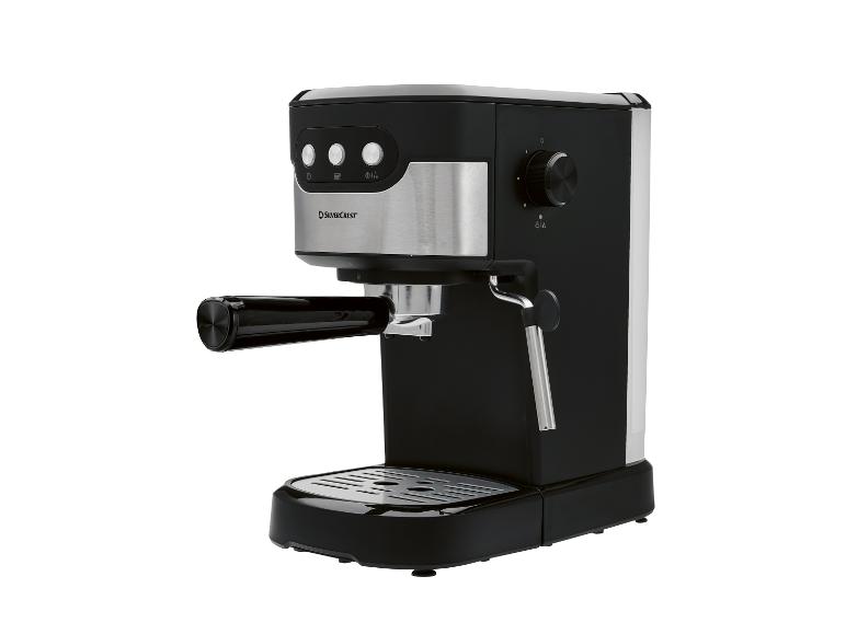 Zwart-zilveren espressomachine met knoppen en bedieningsknop.