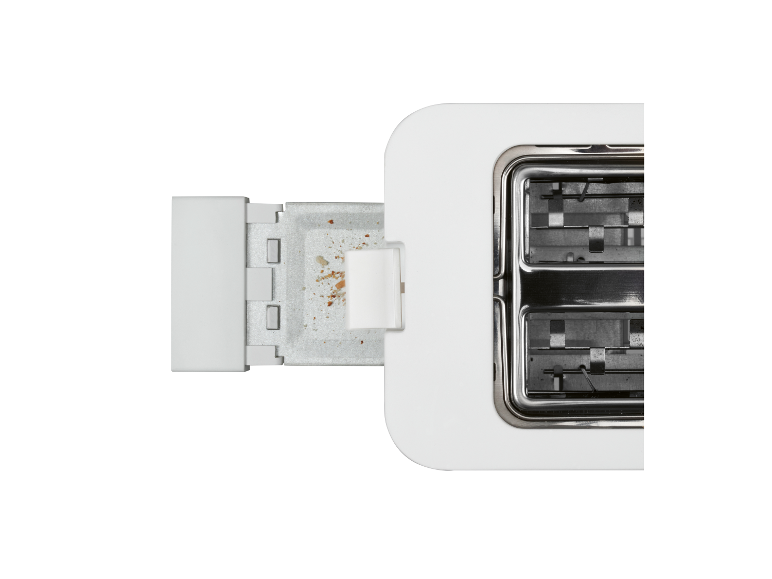 Een witte broodrooster met een uitneembare kruimellade.