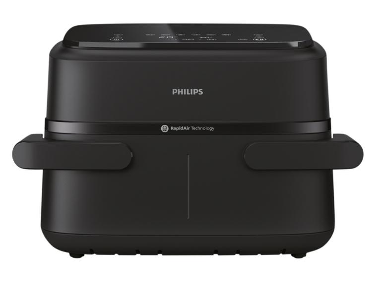 Zwarte Philips RapidAir Technology airfryer op een witte achtergrond.