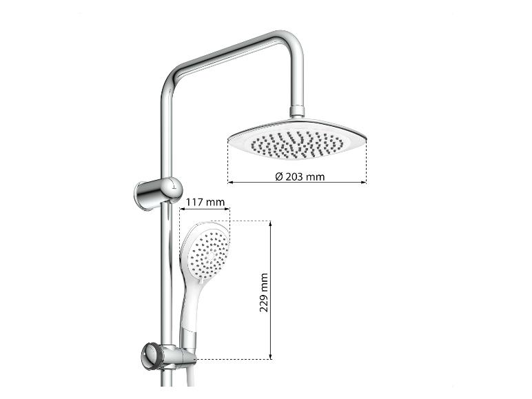 Douchekop met een grote ronde sproeikop en een kleinere handdouche.