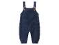Gebreide marineblauwe baby romper met bretels en houten knopen