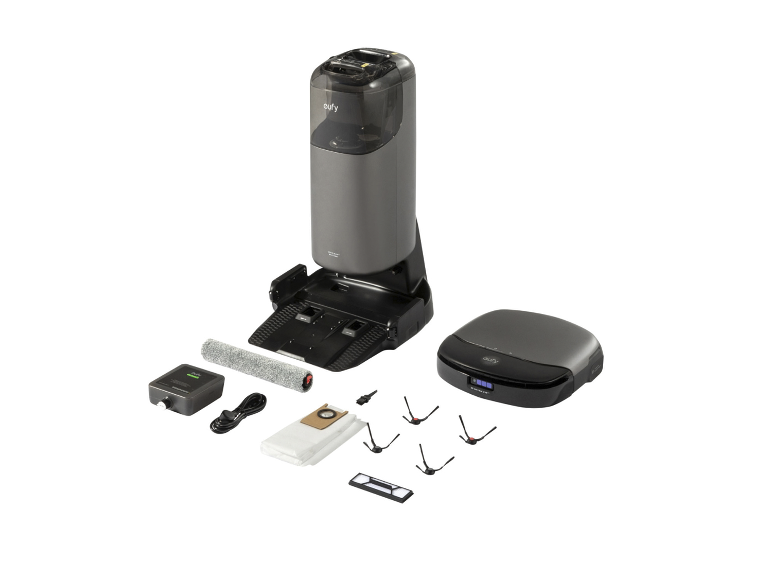 Robotstofzuiger en dweil met automatisch leegstation en accessoires.