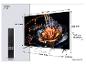 75-inch televisie met afstandsbediening, met afmetingen en dikte.