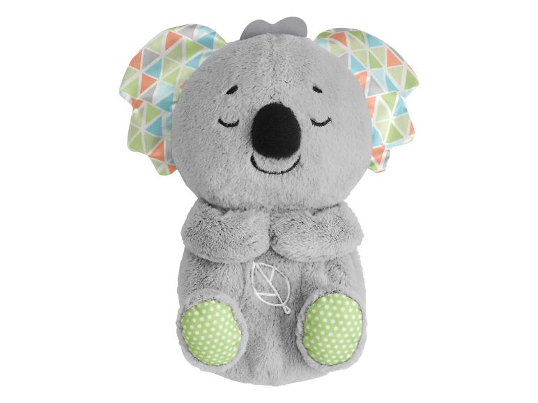 Grijze koala knuffel met kleurrijke oren en groene gestippelde poten.
