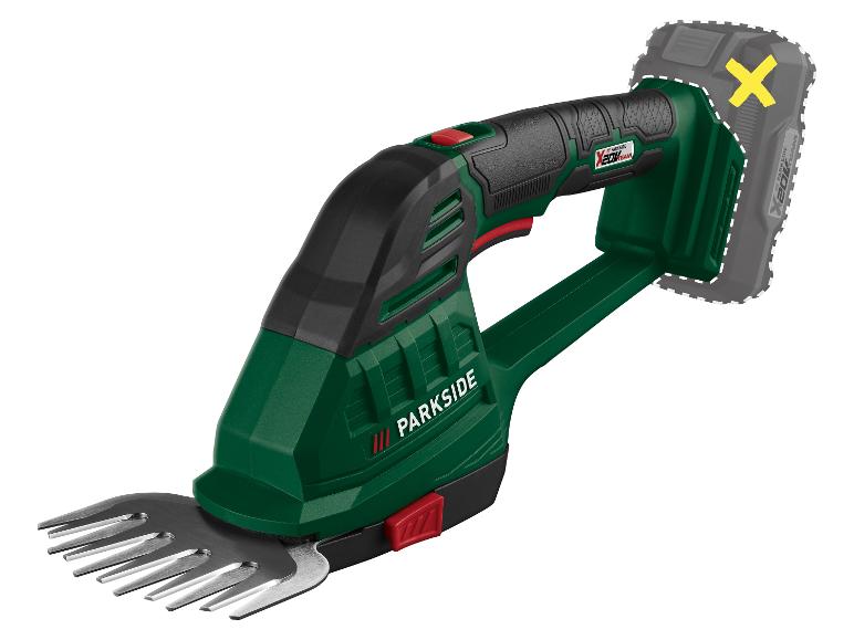 Groene Parkside accu gras- en struikschaar met afneembare batterij.