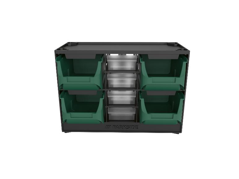 Opbergorganizer met groene en transparante laden voor klein gereedschap.