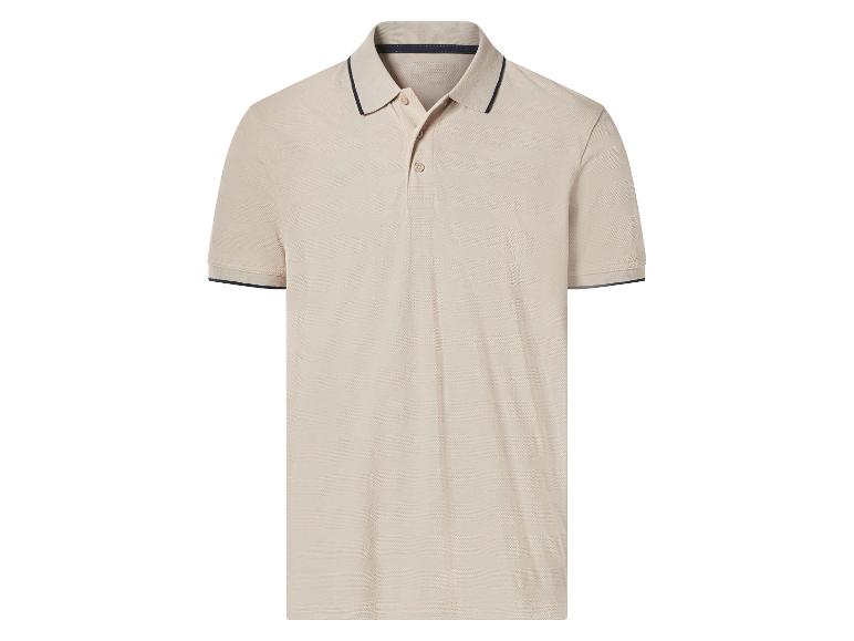 Heren beige poloshirt met donkerblauwe bies op de kraag en mouwen