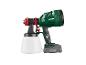 Groen en zwart draadloos verfspuitpistool met wit reservoir en accu.
