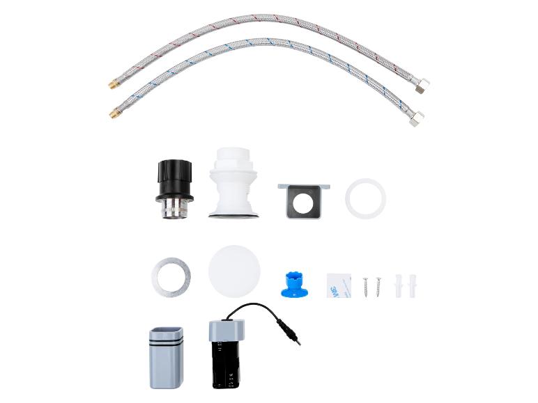 Aansluitslangen, kraanonderdelen en montage-accessoires.