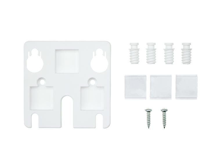 Witte montageplaat met schroeven, pluggen en zelfklevende pads