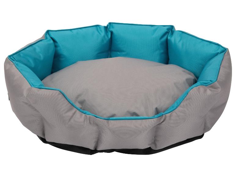 Grijs en turquoise hondenkussen.