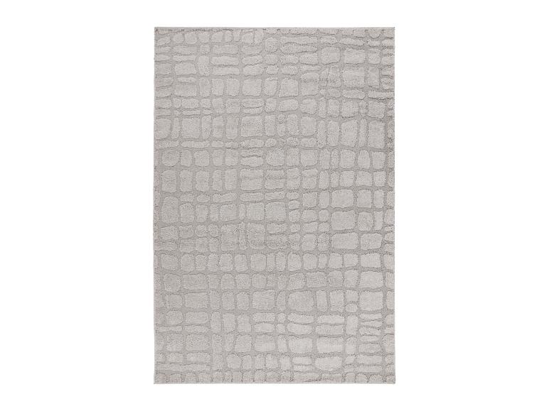Lichtgrijs rechthoekig vloerkleed met een onregelmatig reliëfblokpatroon.