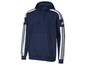 Een donkerblauwe Adidas hoodie met witte strepen op de mouwen.