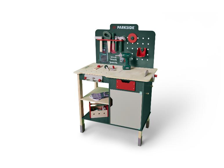 Parkside speelgoedwerkbank met gereedschap en accessoires.