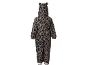 Kinderoverall met luipaardprint en capuchon met oren, achteraanzicht.