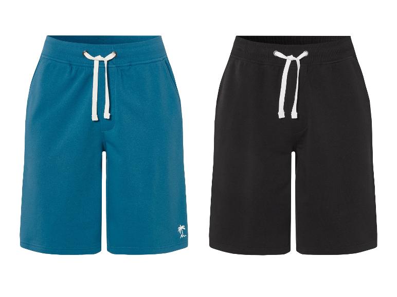 Donkerblauwe en zwarte jogging shorts met trekkoord.