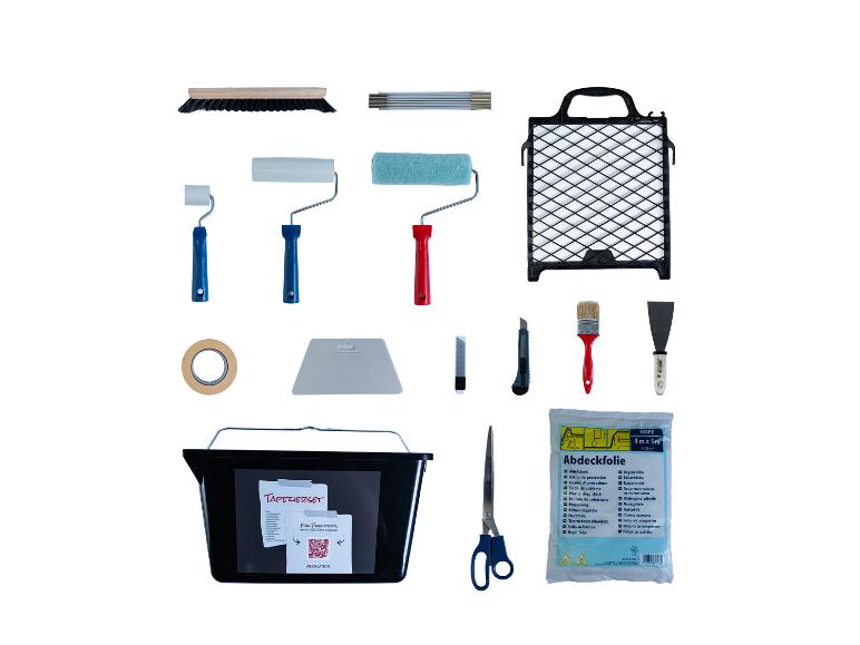 Een set behanggereedschap inclusief borstels, rollers, tape en afdekfolie.