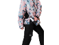 Dames ski-jas en broek met abstract patroon, van dichtbij getoond.