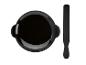 Zwarte fondueset met spatel, bovenaanzicht.