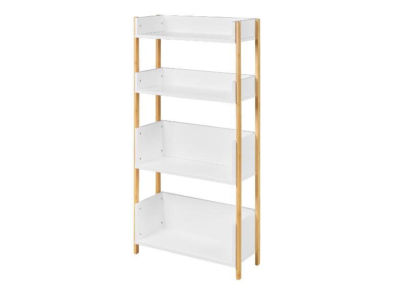 Witte boekenplank met vier niveaus en bamboe frame