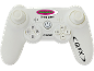 Witte draadloze controller met knoppen en joysticks.