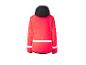 Rood sportjack met zwarte capuchon en reflecterende strepen, achteraanzicht.