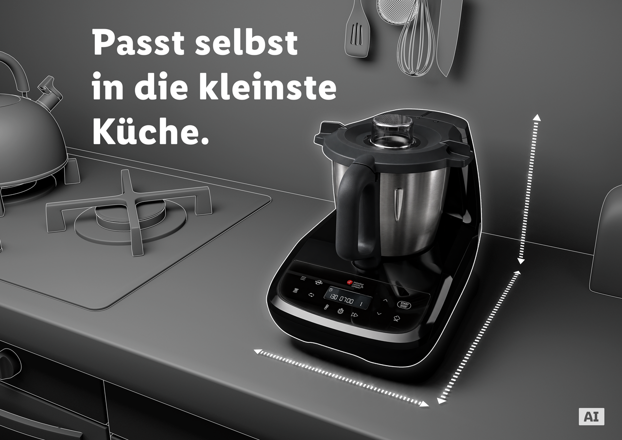 Productweergave van de Monsieur Cuisine compact vanaf de voorkant. (Met AI-watermerk)