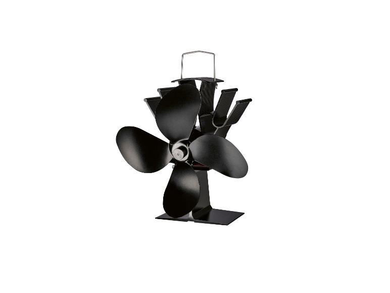 Zwarte kachelventilator met vier bladen en handvat.