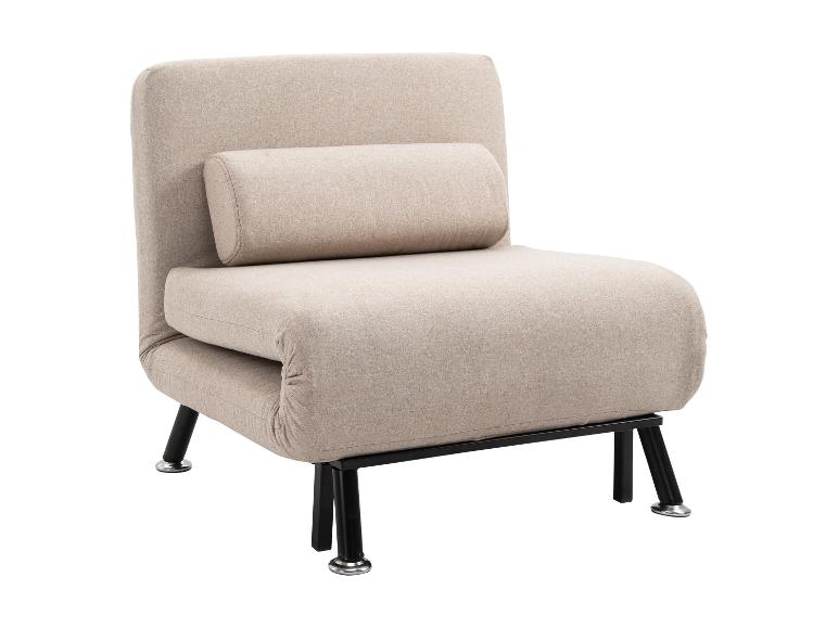 Beige slaapstoel met zwarte metalen poten en een cilindervormig kussen.