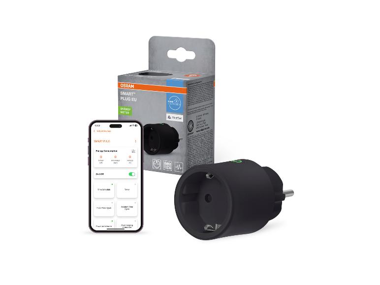 Slimme stekker met energiemeter en mobiele app-interface.
