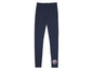 Donkerblauwe leggings met een roze Barbie-logo.