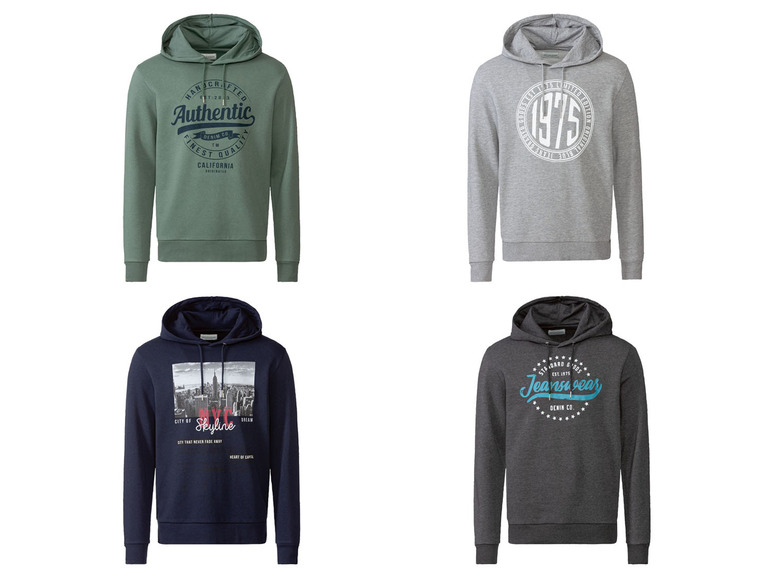 Vier verschillende hoodies met grafische prints, waaronder een New York skyline