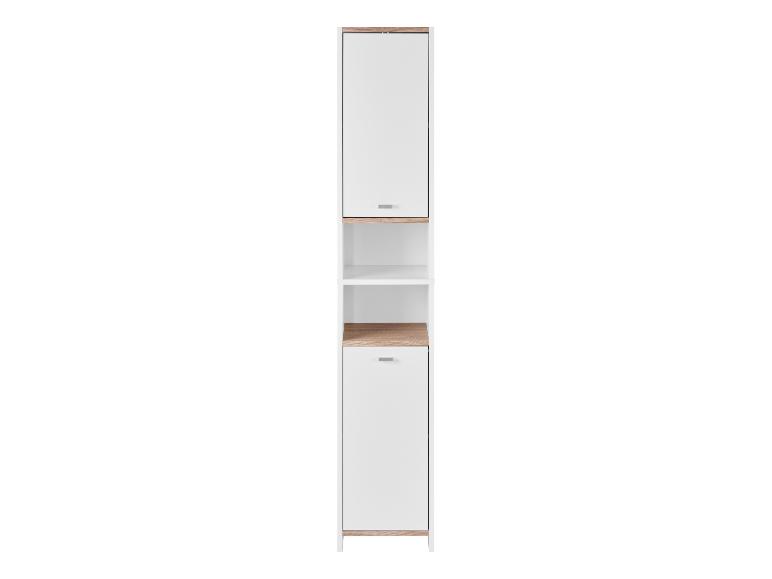 Hoge smalle kast met witte deuren en open planken in licht hout.