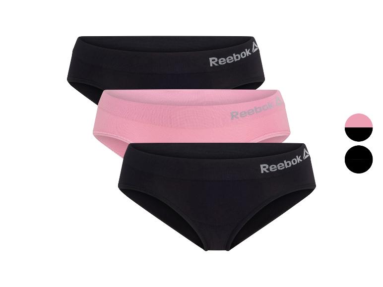 Drie Reebok damesonderbroeken: twee zwarte en één roze.