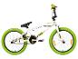 Witte Detonator BMX-fiets met groene banden en een zwart zadel.