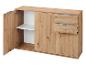 Houten dressoir met open deur, één plank en twee lades