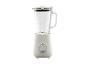 Witte blender met glazen kan en zilveren knop aan de voorkant.