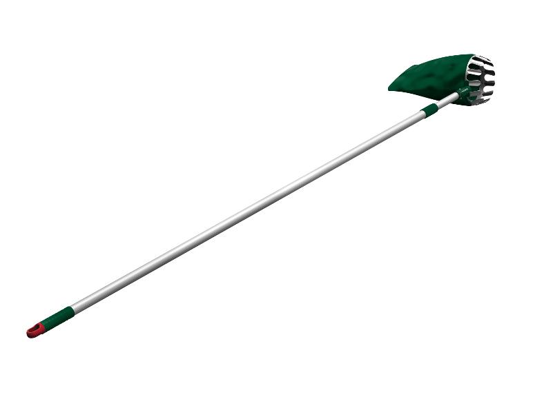 Fruitplukker met telescopische steel en opvangzak.