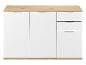 Wit dressoir met drie deuren en drie laden, met houtlook bovenblad en onderstel.