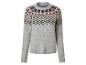 Grijze dames trui met roze, gele en donkergrijze Fair Isle patroon.