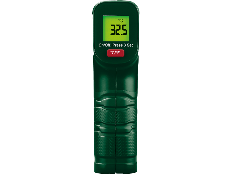 Groene digitale thermometer met display dat 32.5 °C toont en aan/uit-knop.