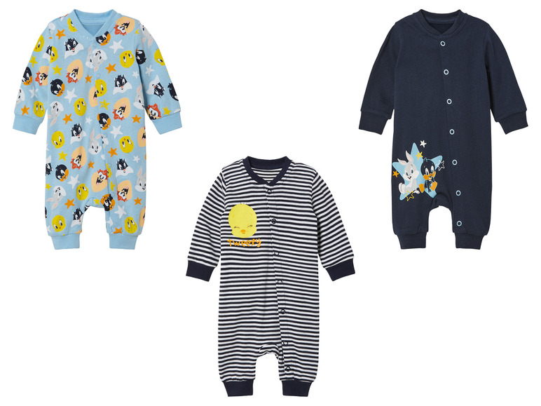 Drie babypakjes met Looney Tunes-thema: een met Tweety Bird, een met Bugs Bunny en Daffy Duck en een met verschillende Looney Tunes-personages.