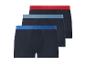 Drie herenboxershorts met een blauwe, lichtblauwe en rode tailleband.