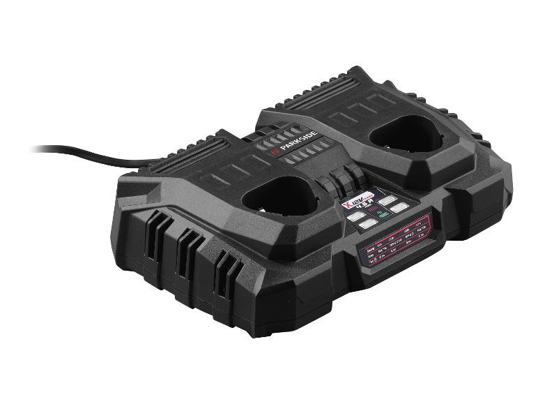 Parkside dubbele lader voor elektrische gereedschapsbatterijen.