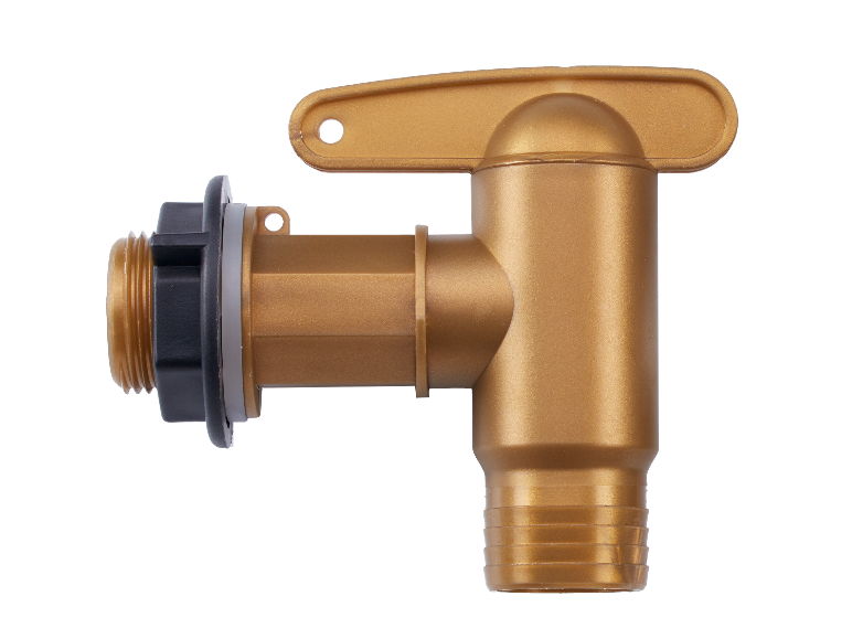Gouden plastic kraan met aansluitingen.
