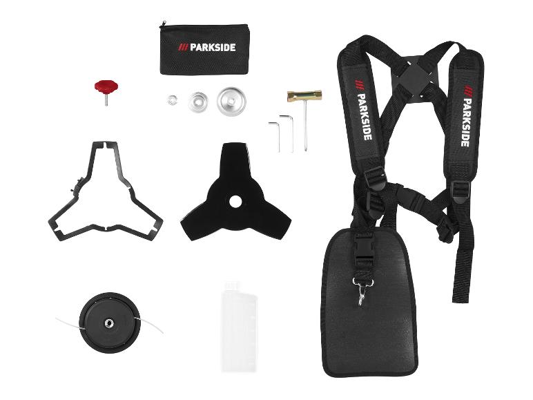Parkside accessoires voor bosmaaier: harnas, draadkop, 3-tandsmes en gereedschapset.