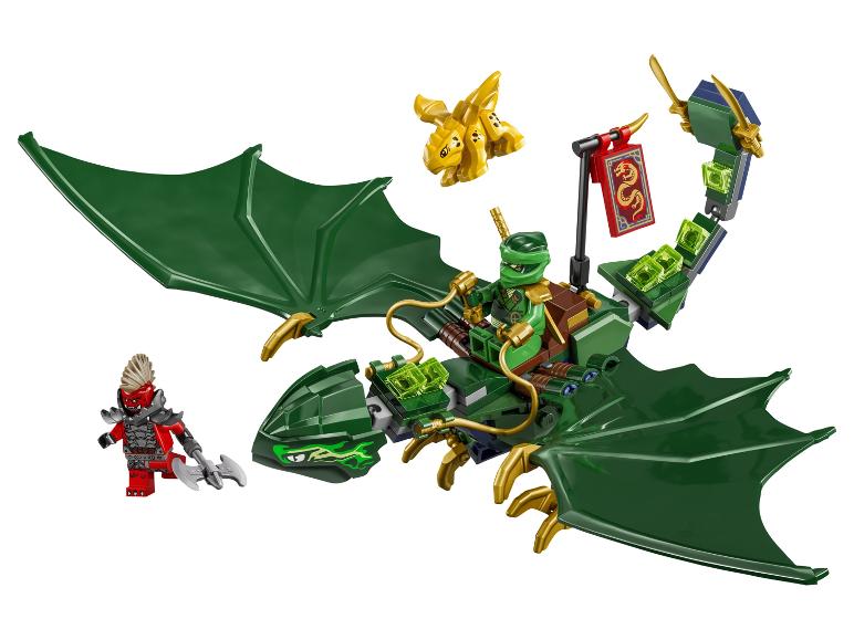Groene speelgoeddraak met een ninjaruiter en een rode krijgerfiguur.