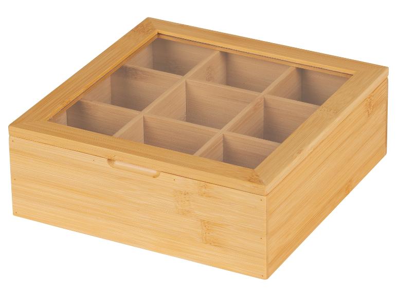 Bamboe theedoos met glazen deksel, meerdere vakken.