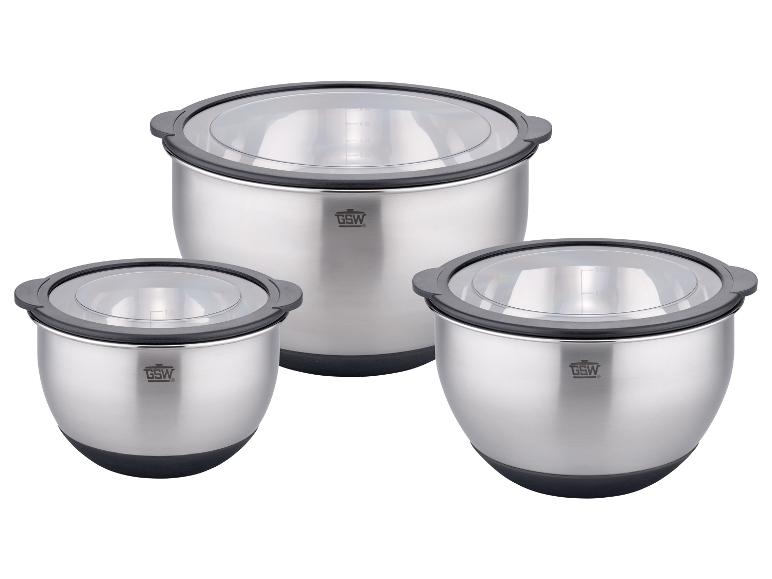 Drie GSW roestvrijstalen kommen met deksels.