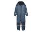 Donkerblauw kinder overall met capuchon en reflecterende details.